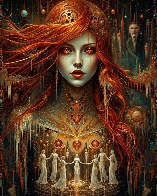 A fantasy artwork depicting a pale-skinned woman with flowing red hair and golden eyes, with smaller robed figures gathered below her in an ornate cosmic setting.