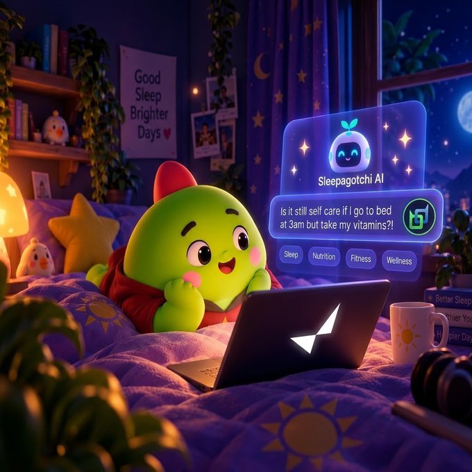 A digital illustration shows a cute green character in a cozy bedroom using a laptop, interacting with a 'Sleepagotchi AI' interface that asks, 'Is it still self care if I go to bed at 3am but take my vitamins?!'