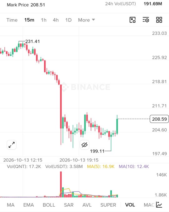 A Binance trading chart showing "Mark Price 208.51" for a token (QNT) in 15-minute intervals, with a sharp price drop from 231.41 to 199.11 on October 13, 2026, 24h volume of 191.69M USDT.
