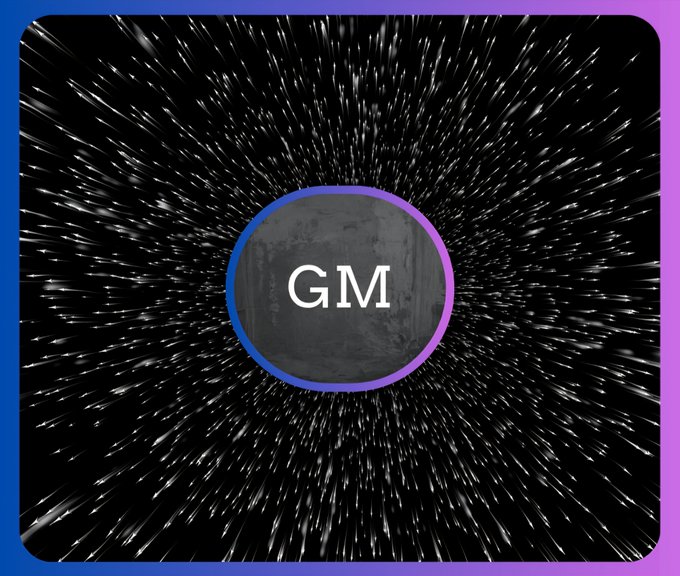A stylized 'GM' (Good Morning) graphic featuring white starburst streaks radiating outward against a black background, with 'GM' displayed in a blue-and-purple gradient circle at the center.