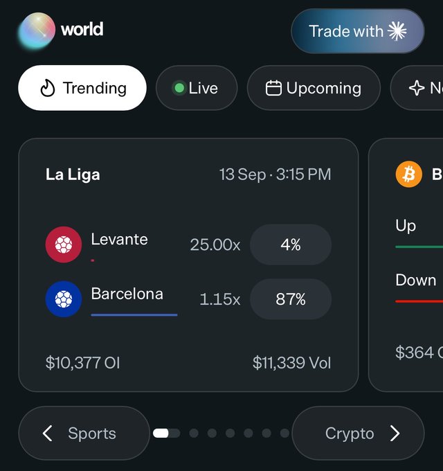 A screenshot of a prediction market app showing a "Trending" sports market for a La Liga match between Levante and Barcelona on Sep 13 at 3:15 PM, with Levante at 25.00x and Barcelona at 1.15x.