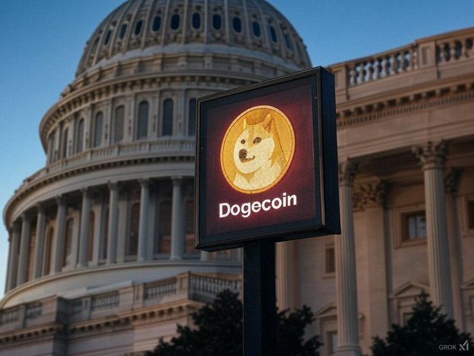 The image features a sign that reads "DogCoin" against a backdrop of the United States Capitol building, which has columns and a dome. The sign is located near a tree and a street lamp.