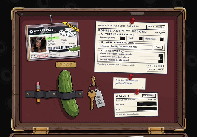 A digital illustration of a case file for 'Dix_0x1' from the 'Department of Fomo,' including an access pass, a pickle, a key tagged '404,' and pinned documents labeled 'FOMIES ACTIVITY RECORD' and 'WALLETS' with redacted information.
