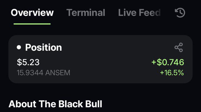 A trading app screenshot showing an "Overview" tab with a Position of $5.23 (15.9344 ANSEM), up +$0.746 or +16.5%, with sections for Terminal, Live Feed, and "About The Black Bull".