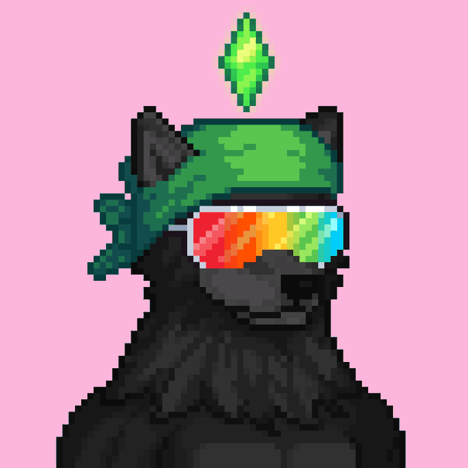 Pixel art illustration of a black cat wearing rainbow-colored shutter shades and a green cap with a floating green crystal/leaf above its head, set against a pink background.