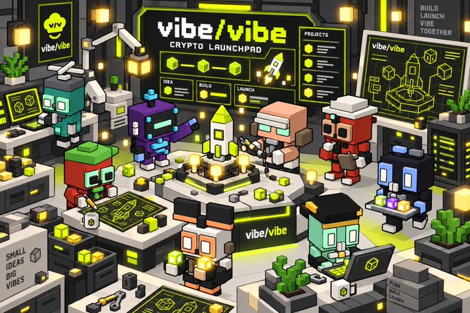 A detailed pixel-art isometric view of the 'vibe/vibe CRYPTO LAUNCHPAD' workspace, showing blocky characters with a rocket, an 'IDEA-BUILD-LAUNCH' flowchart, and slogans like 'SMALL IDEAS BIG VIBES' and 'BUILD LAUNCH VIBE TOGETHER.'