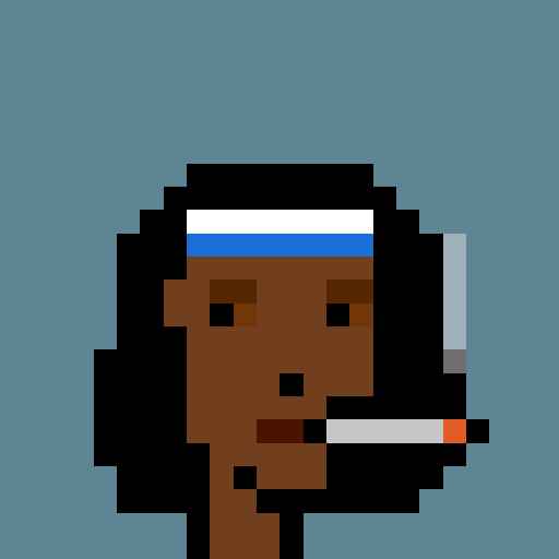 A pixel art portrait of CryptoPunk #6603, featuring a dark-skinned character with long dark hair, a blue and white headband, and a cigarette in their mouth, set against a teal background.