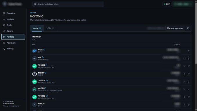 A screenshot of a cryptocurrency wallet Portfolio page displays holdings for various digital assets including COTI, OM, TPS001, NIGHT, TPS004, qCOTI, TPS002, and SHRUG, with their balances blurred for security. The interface shows navigation options like Overview, Markets, Trade, Tokens, Portfolio, Approvals, and Activity on the left sidebar, directly tying to the $COTI token mentioned in the post.