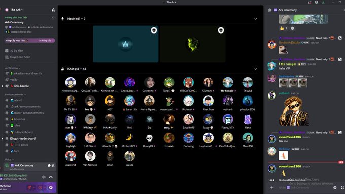 A Discord server interface for 'The Ark' showing an NFT collection with profile pictures and usernames including Khabib.eth44, Osama_Dev, Catherine K, and others.