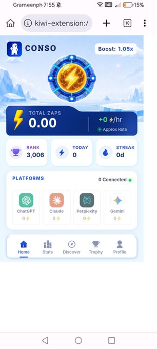 A mobile screenshot of a 'CONSO' app extension with 'kiwi-extension:/' in the URL bar, showing 0.00 Total Zaps, Rank 3,006, and platform icons for ChatGPT, Claude, Perplexity, and Gemini.