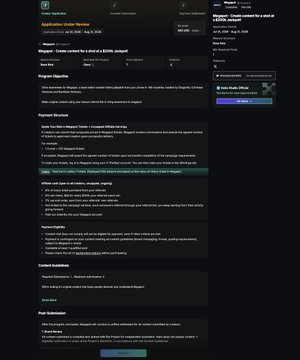 A screenshot of a dark-themed educational web application interface titled "Application Center Review," displaying program objectives, payment structure details, and content guidelines for users to review.