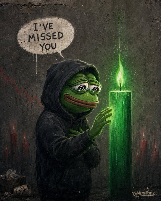 A hooded, melancholy Pepe the Frog gazes tearfully at a glowing green candle with a speech bubble reading "I've missed you," while a chart in the background appears to be declining—capturing the emotional moment of a trader reuniting with a falling asset. The word "COPE" scrawled on a can in the corner reinforces the bittersweet theme of holding onto losses, with the "DrMemeMillionaire" signature visible in the bottom right.