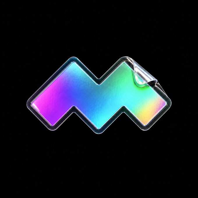 An iridescent, holographic sticker in the shape of a zigzag or 'M' on a black background, with one corner peeling up.