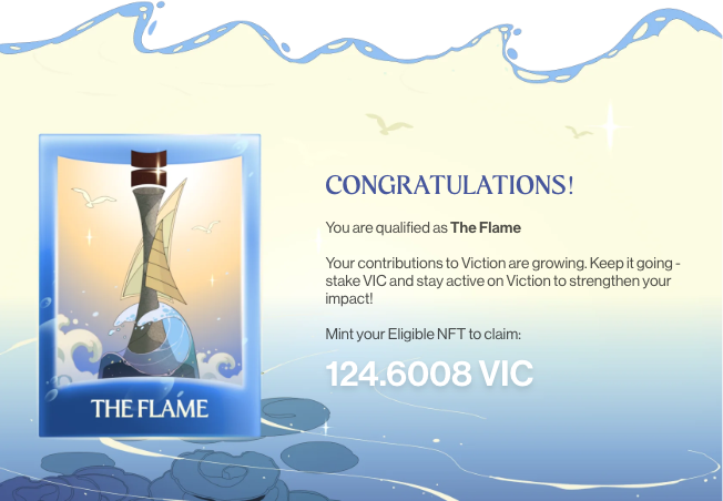 A congratulatory graphic from Viction declares the user 'The Flame' qualified, offering 124.6008 VIC to mint an eligible NFT, alongside an illustrated card.