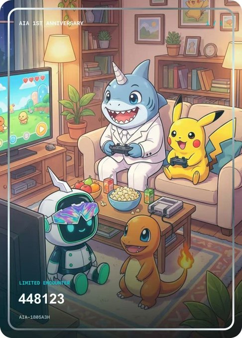 An identical duplicate of Image 3 and 5, showing the 'AIA 1ST ANNIVERSARY' trading card featuring Pikachu and friends gaming in a living room, with 'LIMITED ENCOUNTER 448123' and 'ATA-1885ASH'.