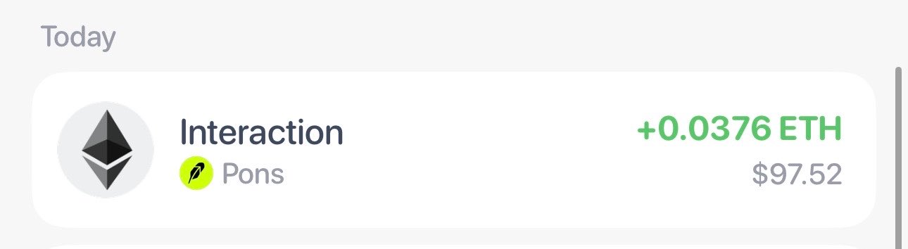 The image shows a transaction confirmation for an "Interaction" with Pons on the Ethereum network, crediting +0.0376 ETH ($97.52) to the user's account, illustrating the successful claim referenced in the post.