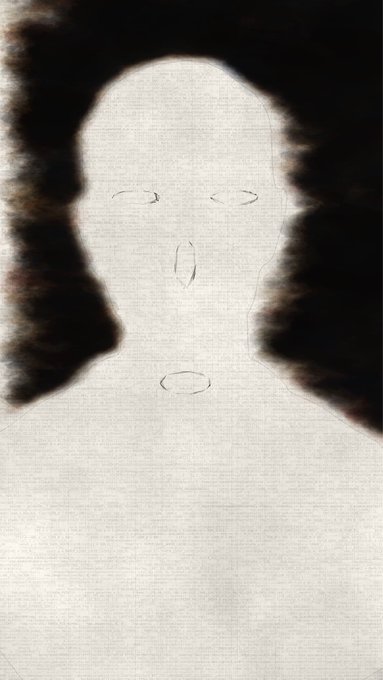A minimalist pencil sketch of a face outline on a textured beige fabric or canvas background, with dark shadowy borders framing the portrait.