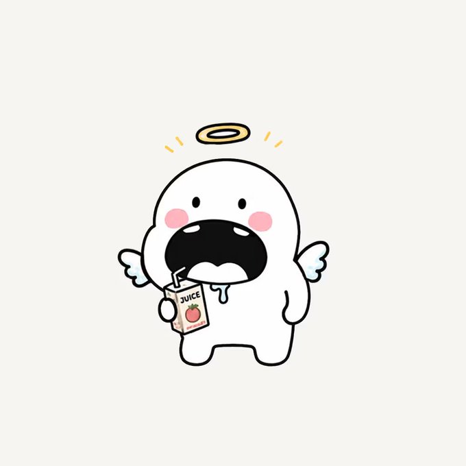 A cute cartoon angel character with a halo drinking from a juice box with a tomato on it.