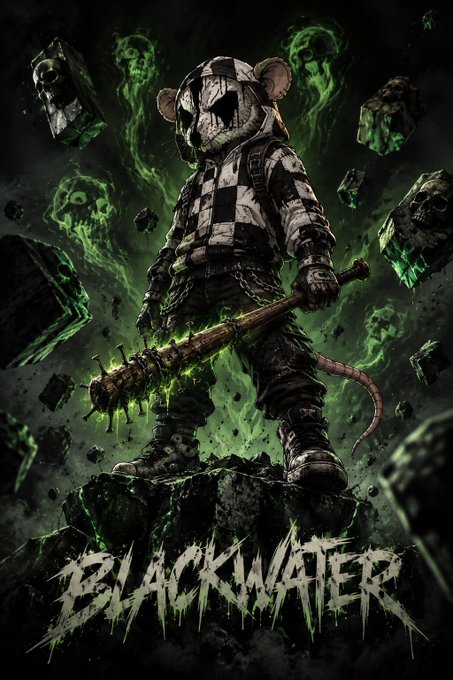 A stylized artwork featuring a menacing character in a black and white checkered pattern holding a spiked bat, surrounded by green skulls and debris, with the text 'BLACKWATER' at the bottom.