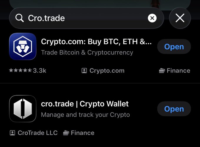 A mobile App Store search for "Cro.trade" displays the new cro.trade | Crypto Wallet app directly beneath the official Crypto.com app, both available to "Open." The image visually confirms the post's claim that CroTrade is the first Cronos chain trading app to be listed on the App Store alongside Crypto.com.