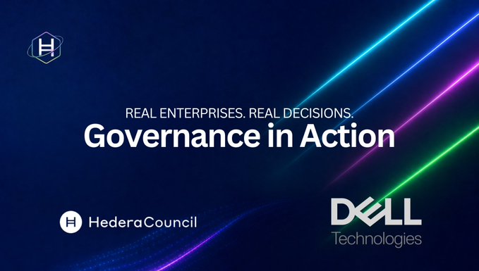 The image features a blue background with three vertical lines of different colors - red, green, and purple. The text "Real Enterprises, Real Decisions" is displayed above the lines, while the words "Governance in Action" are below them. Below this, there's a logo for Dell Technologies that reads "@Dell". The image also includes a caption about the @hedera Governing Council member, Dell, and their collaboration with the @Dell Technologies company to explore DLT technology applications related to governance and infrastructure management.