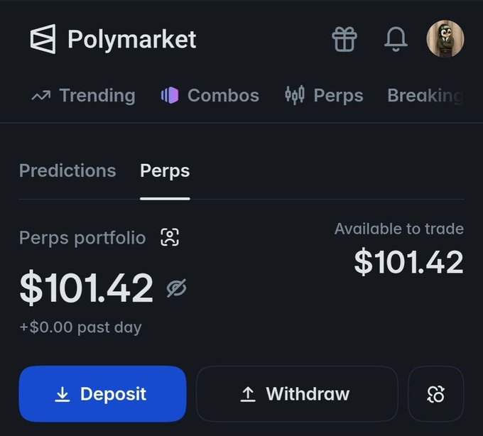 A screenshot of the Polymarket trading platform showing a Perps portfolio with an available balance of $101.42, along with Deposit and Withdraw buttons.