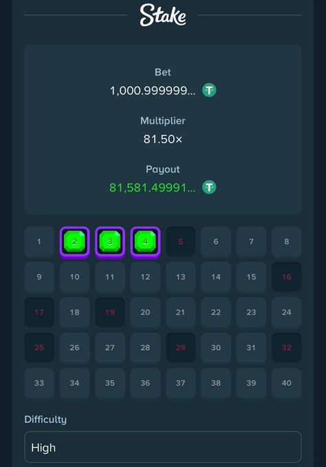 A screenshot of a Stake Keno game shows a winning bet of 1,000.999999 T on numbers 2, 3, and 4, with a 81.50× multiplier yielding a payout of 81,581.49991 T on High difficulty. The image illustrates the post's claim of an impressive Keno win on a first try.