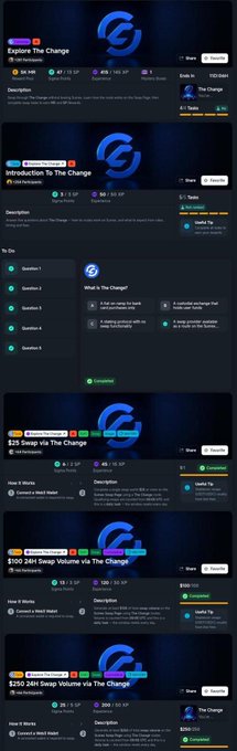 A mobile app interface showing various 'Snap up The Change' and 'Exchange' cryptocurrency quests on the platform, with multiple question and answer boxes visible.
