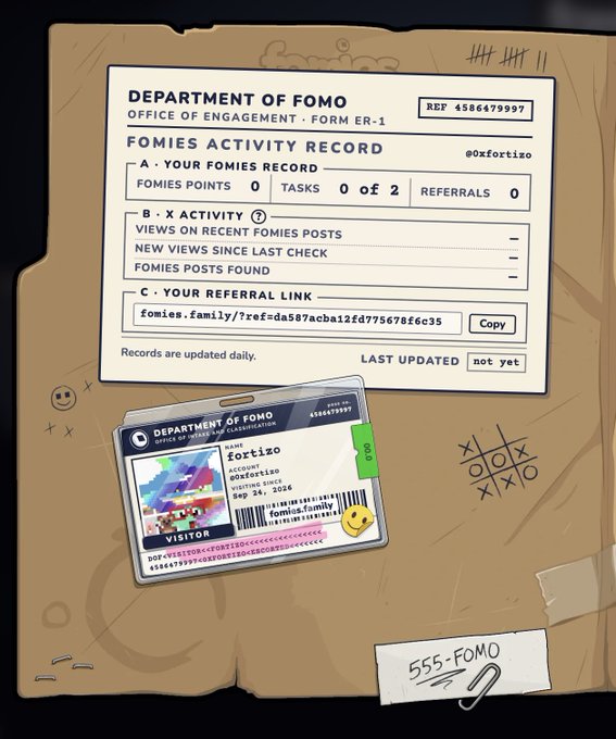 A digital illustration of a file folder labeled "555 - FOMO" displays a "Department of Fomo" activity record and visitor badge for the Fomies NFT collection (referencing @FomiesNFT), highlighting the project's 10k NFT supply and referral link fomies.family. The dossier aesthetic playfully ties into the "Department of Fomo" theme, emphasizing engagement metrics like Fomies Points and tasks for the collection.
