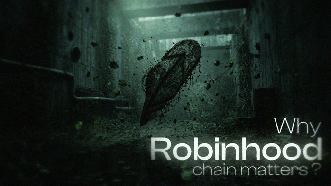 A dark, atmospheric image shows a hooded figure walking down a dimly lit corridor with debris floating around them, overlaid with the text "Why Robinhood chain matters?" — visually emphasizing the post's message about why the Robinhood Chain infrastructure is a key component of the $QUANTA ecosystem beyond just its compute marketplace.