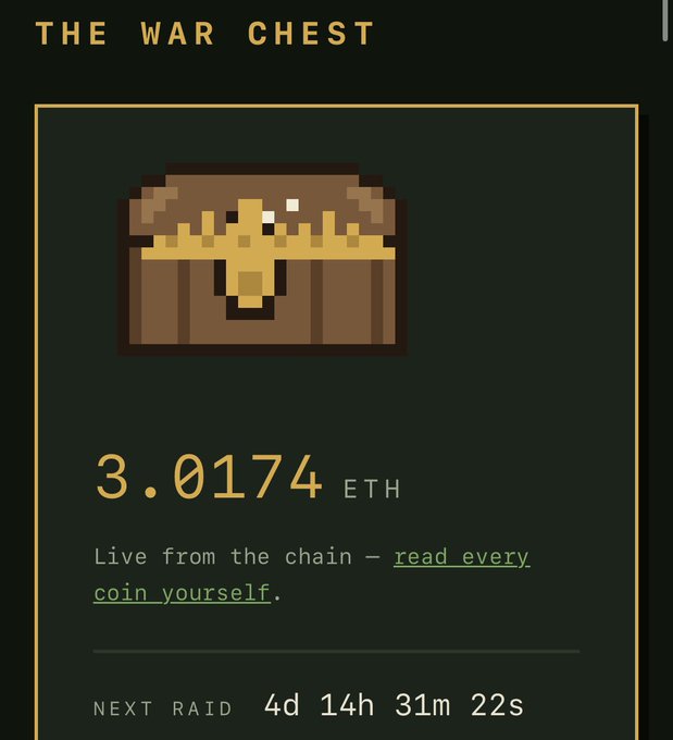 A pixel art "War Chest" graphic displays 3.0174 ETH with a countdown to the next raid in 4 days, 14 hours, 31 minutes, and 22 seconds, visually representing the upcoming Sunday airdrop payout mentioned in the post about the band's first paycheque exceeding 3 ETH.