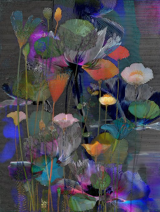 An abstract digital artwork featuring colorful, distorted flowers and foliage with horizontal scanline effects.