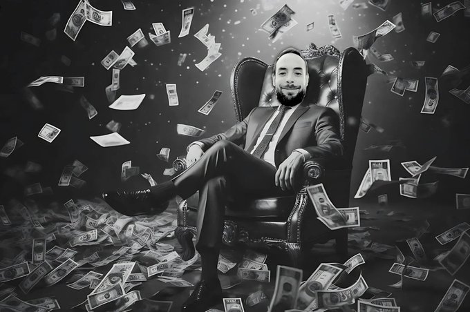A black and white image of a smiling man in a suit sitting on an ornate throne, surrounded by falling US dollar bills.