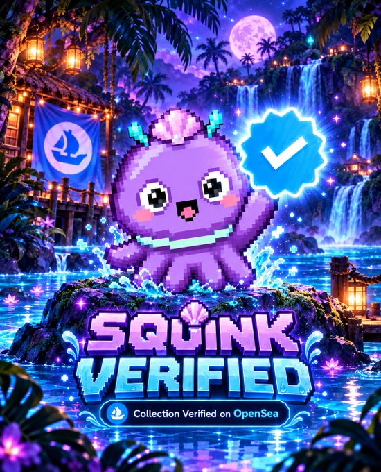 The image is a vibrant, pixel-art style promotional graphic featuring a cute purple octopus-like creature with a seashell on its head, set against a magical nighttime tropical waterfall scene with a large moon and glowing lanterns. Bold text reads "SQUINK VERIFIED" and "Collection Verified on OpenSea," with a blue verified checkmark badge—visually celebrating the collection's official verification status on OpenSea.