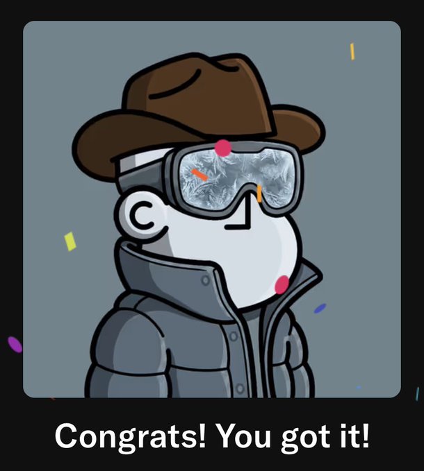 A cartoon figure wearing a cowboy hat, ski goggles reflecting snowy mountains, and a puffer jacket appears above the caption "Congrats! You got it!" with confetti falling around, celebrating the user's purchase of a grail NFT from the "npconchain" project despite their "GOING TO ZERO" warning.