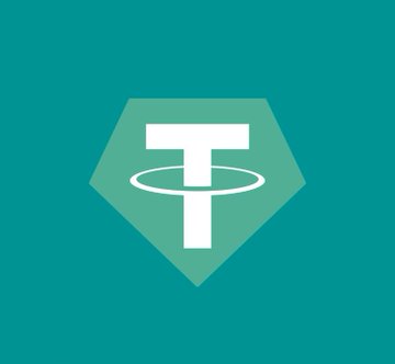 A teal background featuring the Tether (USDT) logo, a green shield with a white 'T'.