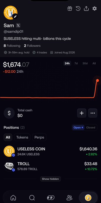 The image shows a mobile trading app screenshot of a user named Sam's portfolio, displaying holdings of 178.33K $USELESS (worth $31.41K) and 4.35M $ROCK with a meme of a man shrugging captioned "THAT'S GONNA BE A PROBLEM FOR ME." The screenshot illustrates a fellow $USELESS bull poster showcasing their significant holdings to support their bullish stance on the token reaching multi-billions in market cap.