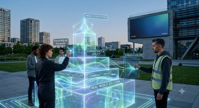 People interact with a glowing holographic display labeled 'WEB3 ECOSYSTEM' showing stacked text blocks including 'CONSISTENCY & UTILITY', 'COMMUNITY DRIVEN', and 'REAL-WORLD SOLUTIONS' in an urban plaza.