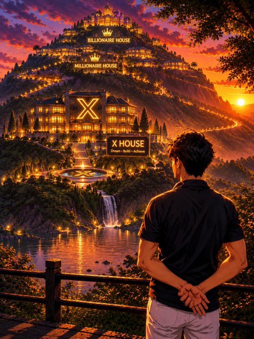 A digital illustration showing a man from behind looking toward a glowing hillside complex labeled 'BILLIONAIRE HOUSE,' 'MILLIONAIRE HOUSE,' and 'X HOUSE - Dream, Build, Achieve' at sunset.