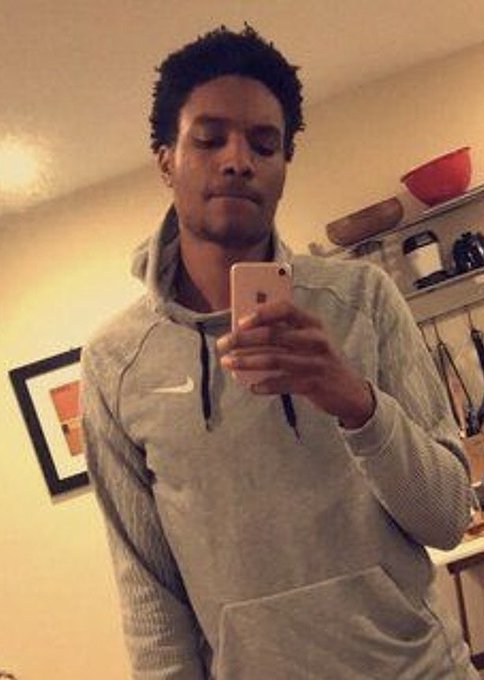A young man wearing a gray Nike hoodie takes a mirror selfie with a white iPhone in what appears to be a kitchen, with bowls and utensils visible on shelves behind him. The post connects to the image by describing the poster as a "twin" of "based16," referencing their shared online presence through retweets from "ansem" in 2024.