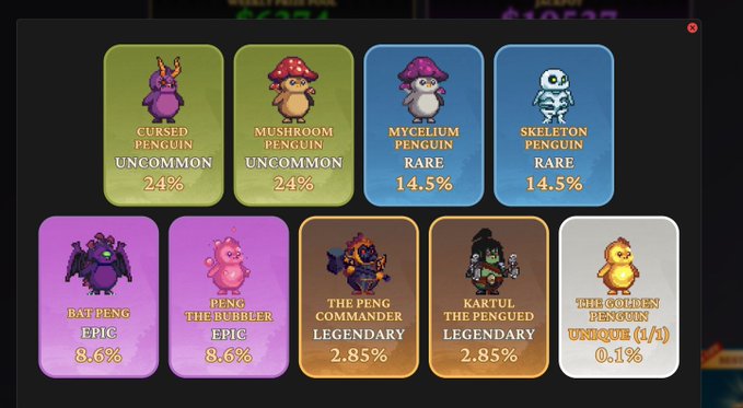 A grid displays various NFT characters like 'CURSED PENGUIN', 'MUSHROOM PENGUIN', and 'BAT PENG', each labeled with rarities ranging from UNCOMMON to UNIQUE and corresponding drop percentages.