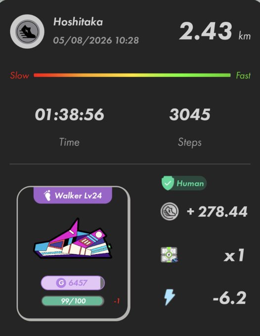 The image displays a STEPN walking session by user "Hoshitaka" from 05/08/2026 at 10:28, covering 2.43 km in 01:38:56 with 3,045 steps, earning a "Walker Lv24" sneaker NFT with 6457 points and +278.44 G rewards. The Japanese caption "#STEPN 「よっ！おいちゃんおばちゃん。達者か？」" translates to "Hey! Uncle and Aunt. Are you doing well?" — a casual greeting likely shared by the user as they completed this brisk walking activity in the move-to-earn app.