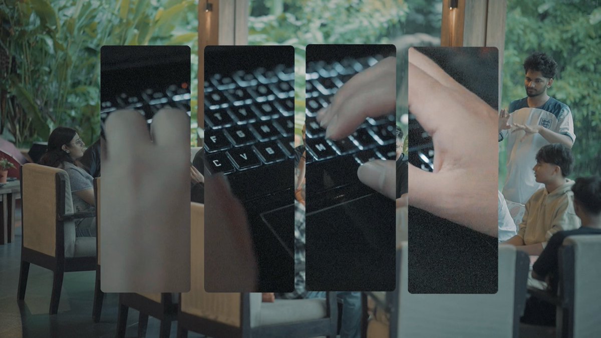 Four vertical panels showing close-up shots of hands typing on a laptop keyboard are overlaid on a background image of people sitting in a lounge area.