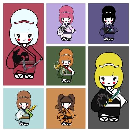 A grid of eight stylized, cartoonish geisha dolls in colorful kimonos against pastel backgrounds illustrates the user's crypto journey, with the collection of tiny geishas mirroring their first NFT, "Tiny Geisha," while the overall negative PnL humorously contrasts with their continued bullishness on Solana and crypto Twitter.