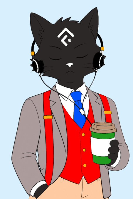 Illustration of an anthropomorphic black cat wearing a gray blazer, red vest, blue tie, and red suspenders, listening to headphones with eyes closed while holding a coffee cup.