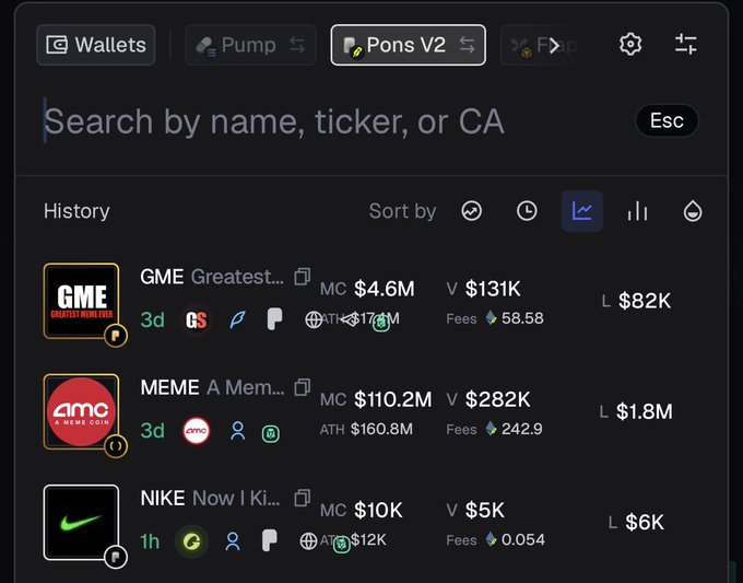 A screenshot of a cryptocurrency trading dashboard showing a wallet history with tickers including 'GME Greatest...', 'MEME A Mem...', and 'NIKE Now I Ki...', displaying market caps, volumes, and fees.