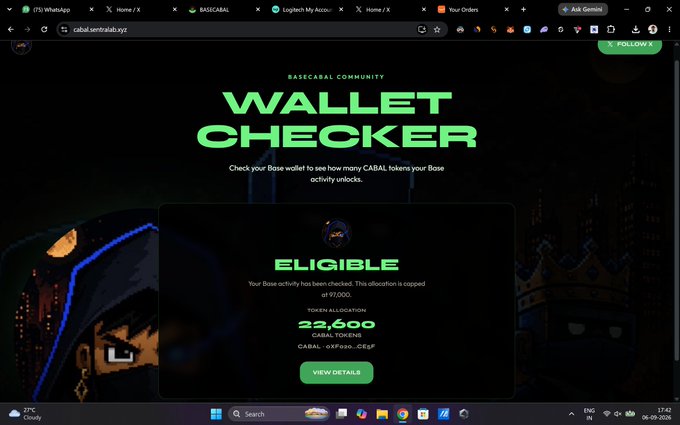 A web browser screenshot of a BaseCabal Community 'Wallet Checker' page at cabal.wentral.xyz, displaying the username 'ELIGIBLE' with a token allocation of 22,600 CABAL tokens (out of 99,000), labeled with the wallet address '0xFobo...CEdF', with a green 'VIEW DETAILS' button and pixel-art ninja mascot.