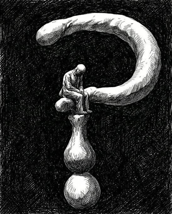 A black and white sketch shows a contemplative bald man sitting on a structure of rounded forms beneath a large crescent shape against a dark background.