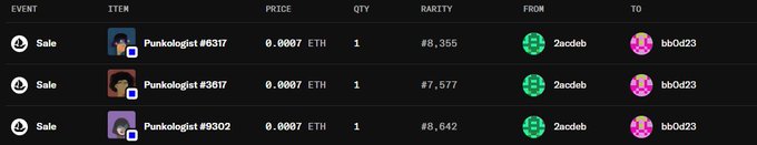 A marketplace activity feed showing three 'Sale' events for Punklogo NFTs (#6317, #6617, #9302) priced at 0.0007 ETH, sold from user 'bb0d23' to '2acdeb'.
