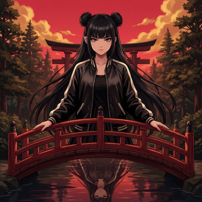 An anime-style illustration features a dark-haired female character in a black jacket standing on a red bridge, with her reflection visible in the water below against a red sky.